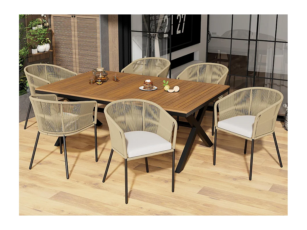 Ensemble table et chaise de jardin - 6 places - 1 table en bois d'acacia et 6 chaises décorées de corde - Beige