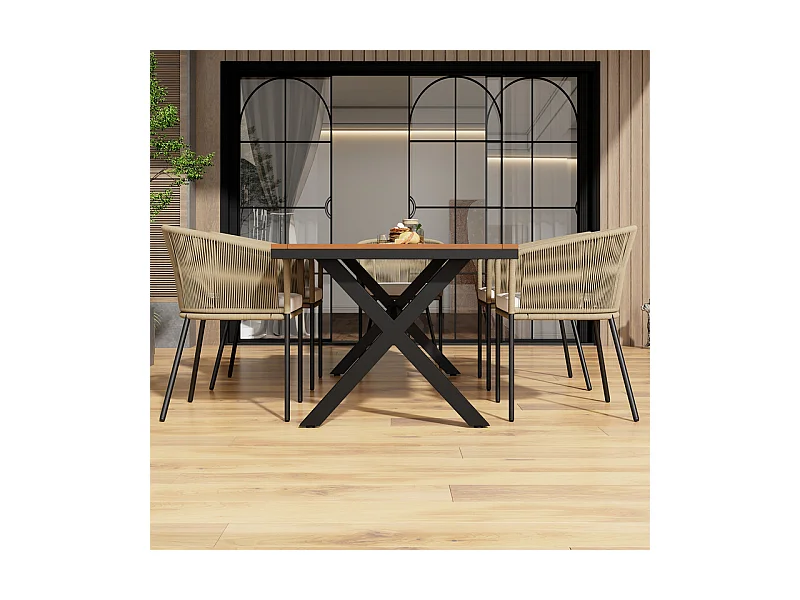 Ensemble table et chaise de jardin - 6 places - 1 table en bois d'acacia et 6 chaises décorées de corde - Beige