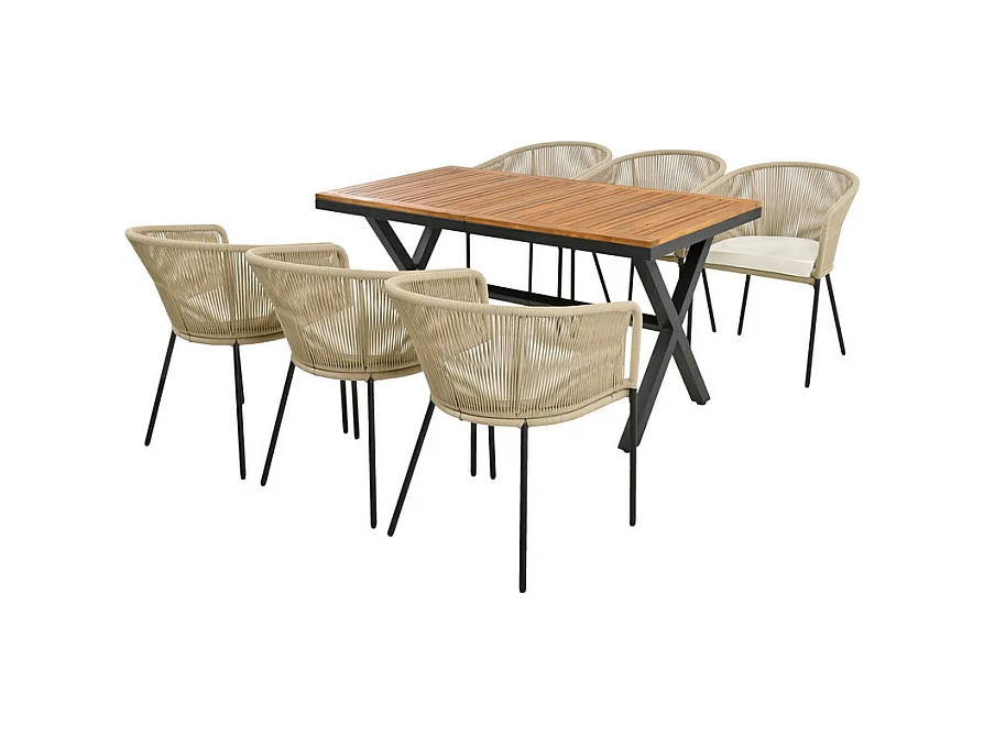 Ensemble table et chaise de jardin - 6 places - 1 table en bois d'acacia et 6 chaises décorées de corde - Beige