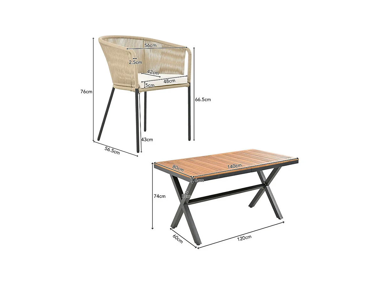 Ensemble table et chaise de jardin - 6 places - 1 table en bois d'acacia et 6 chaises décorées de corde - Beige