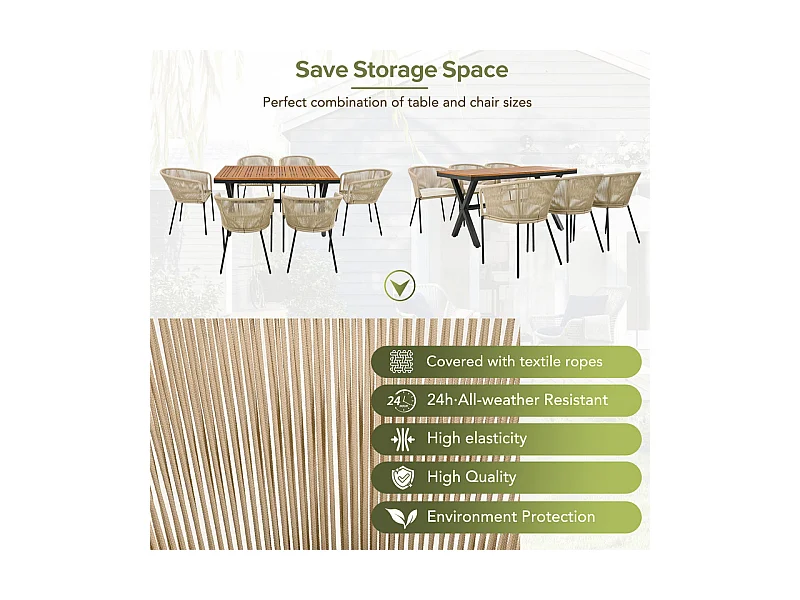 Ensemble table et chaise de jardin - 6 places - 1 table en bois d'acacia et 6 chaises décorées de corde - Beige