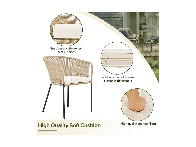 Ensemble table et chaise de jardin - 6 places - 1 table en bois d'acacia et 6 chaises décorées de corde - Beige