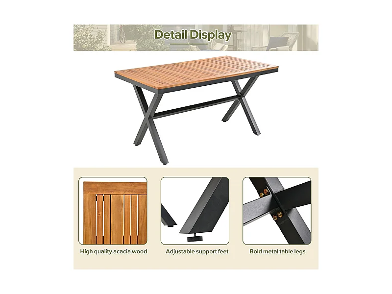 Ensemble table et chaise de jardin - 6 places - 1 table en bois d'acacia et 6 chaises décorées de corde - Beige