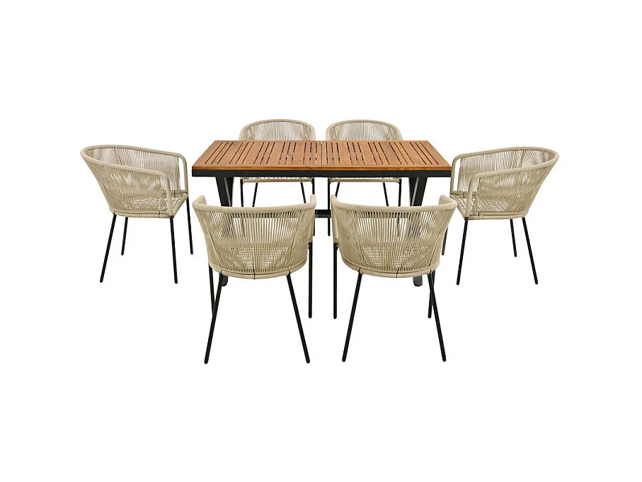 Ensemble table et chaise de jardin - 6 places - 1 table en bois d'acacia et 6 chaises décorées de corde - Beige