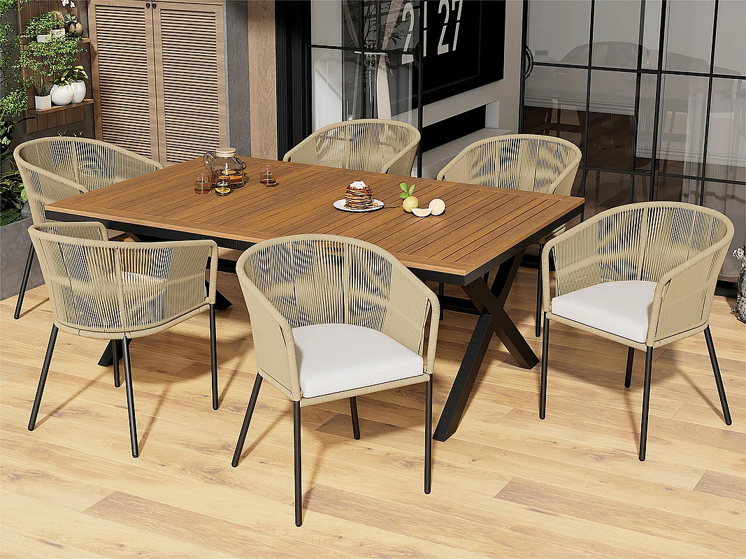 Ensemble table et chaise de jardin - 6 places - 1 table en bois d'acacia et 6 chaises décorées de corde - Beige