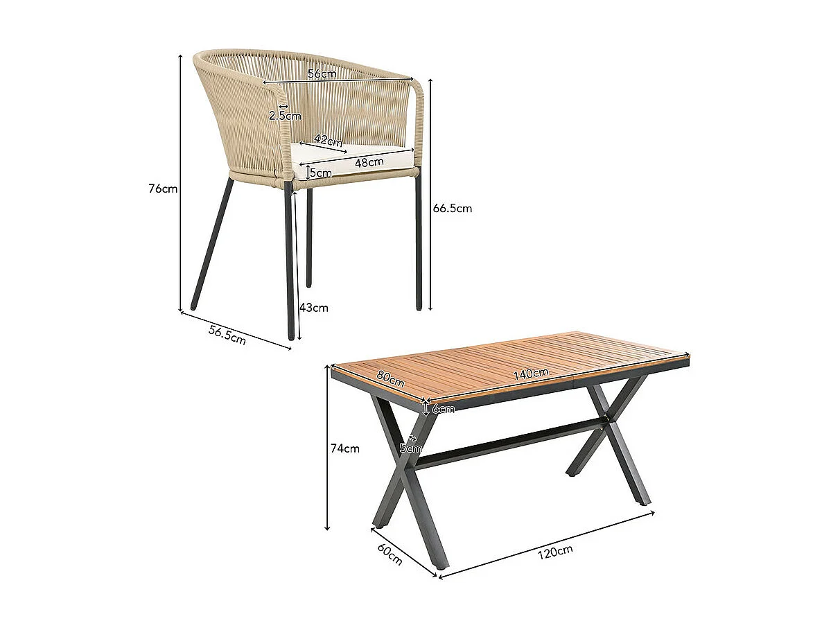 Ensemble table et chaise de jardin - 6 places - 1 table en bois d'acacia et 6 chaises décorées de corde - Beige