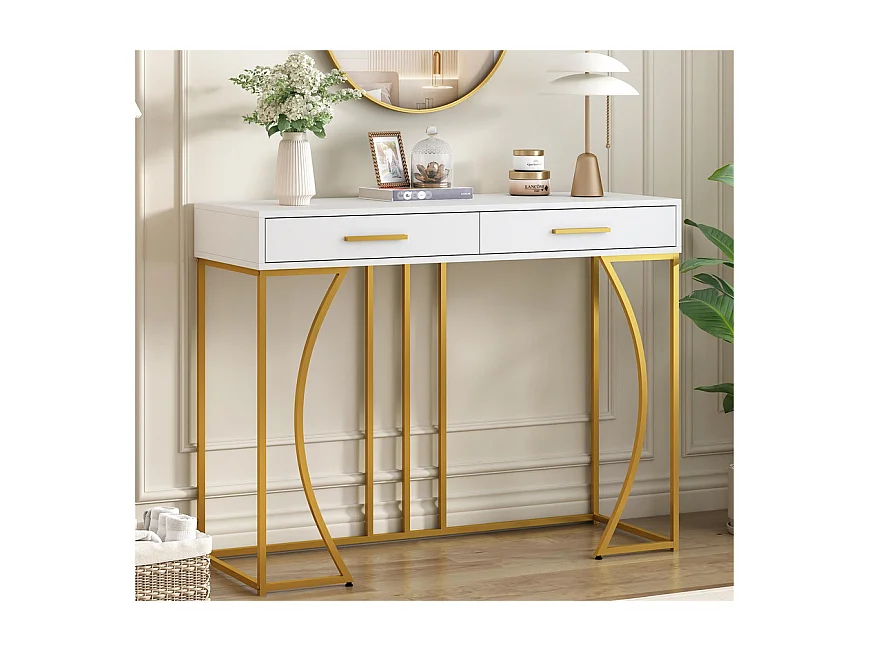 Console avec 2 tiroirs - style moderne - Blanc & Doré