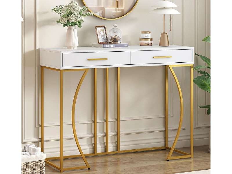 Console avec 2 tiroirs - style moderne - Blanc & Doré