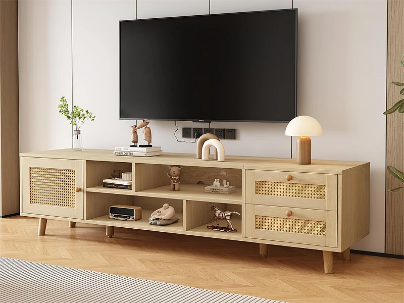 160 cm TV-Schrank – 1 Tür, 2 Schubladen und 4 Fächer – Natur