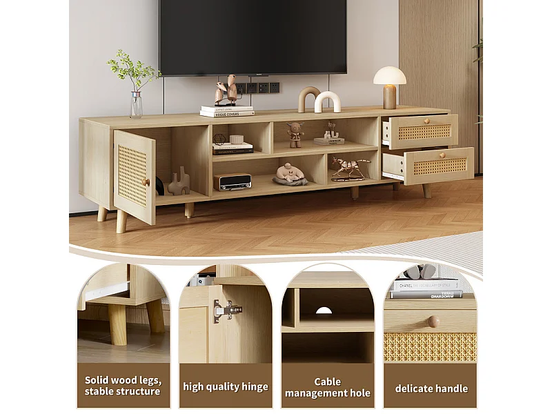 Mueble TV 160cm - 1 puerta, 2 cajones y 4 compartimentos - Natural