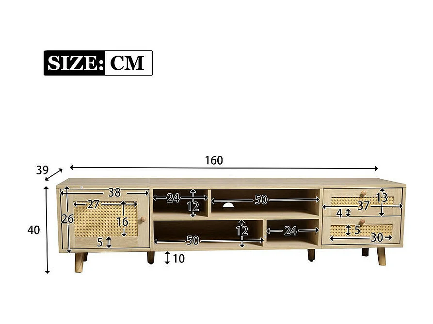 Mueble TV 160cm - 1 puerta, 2 cajones y 4 compartimentos - Natural