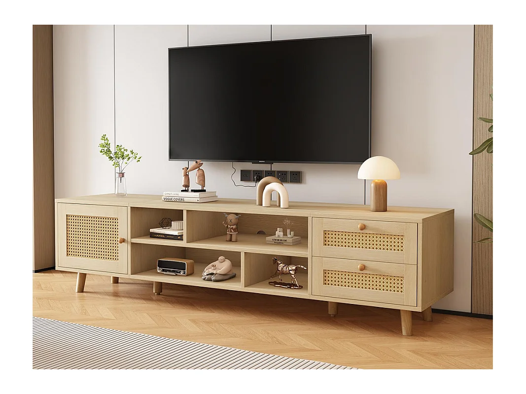 Meuble TV 160cm - 1 porte、2 tiroirs et 4 compartiments - Naturel
