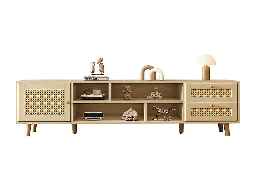 Meuble TV 160cm - 1 porte、2 tiroirs et 4 compartiments - Naturel