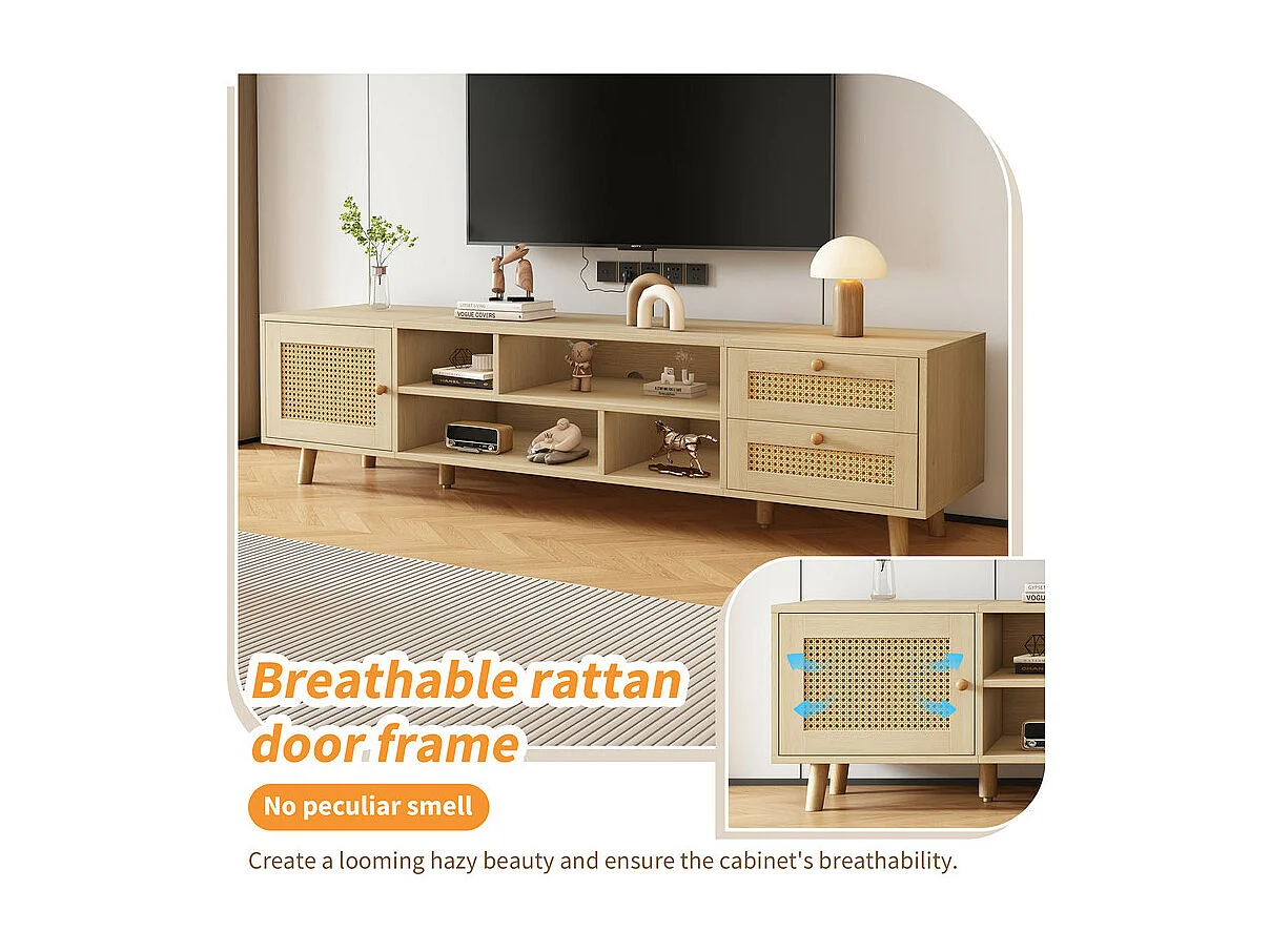 Meuble TV 160cm - 1 porte、2 tiroirs et 4 compartiments - Naturel