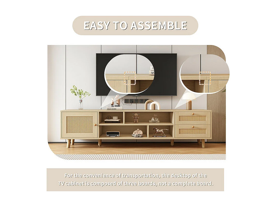 Meuble TV 160cm - 1 porte、2 tiroirs et 4 compartiments - Naturel