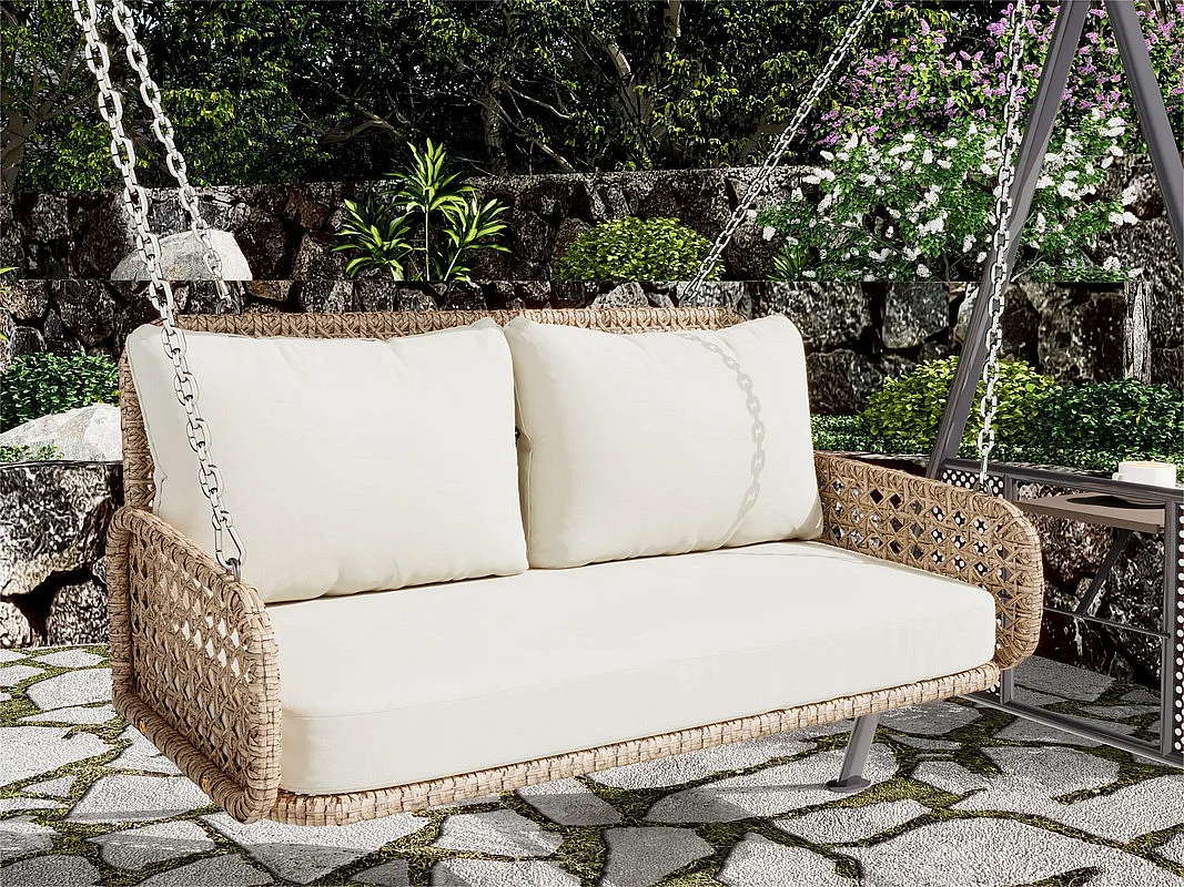 Silla colgante de ratán PE - Columpio de jardín - 2 plazas - con cojines - Beige