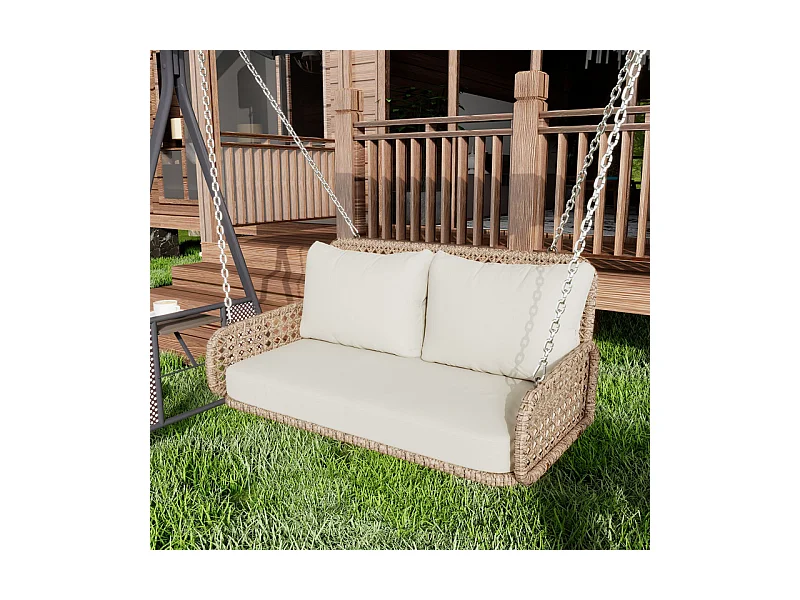 Silla colgante de ratán PE - Columpio de jardín - 2 plazas - con cojines - Beige