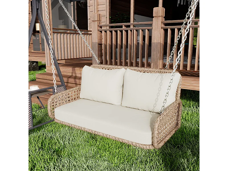Fauteuil suspendu en PE Rotin - Balancelle de jardin - 2 places - avec coussins - Beige