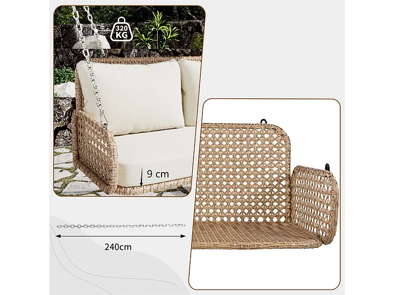 Fauteuil suspendu en PE Rotin - Balancelle de jardin - 2 places - avec coussins - Beige