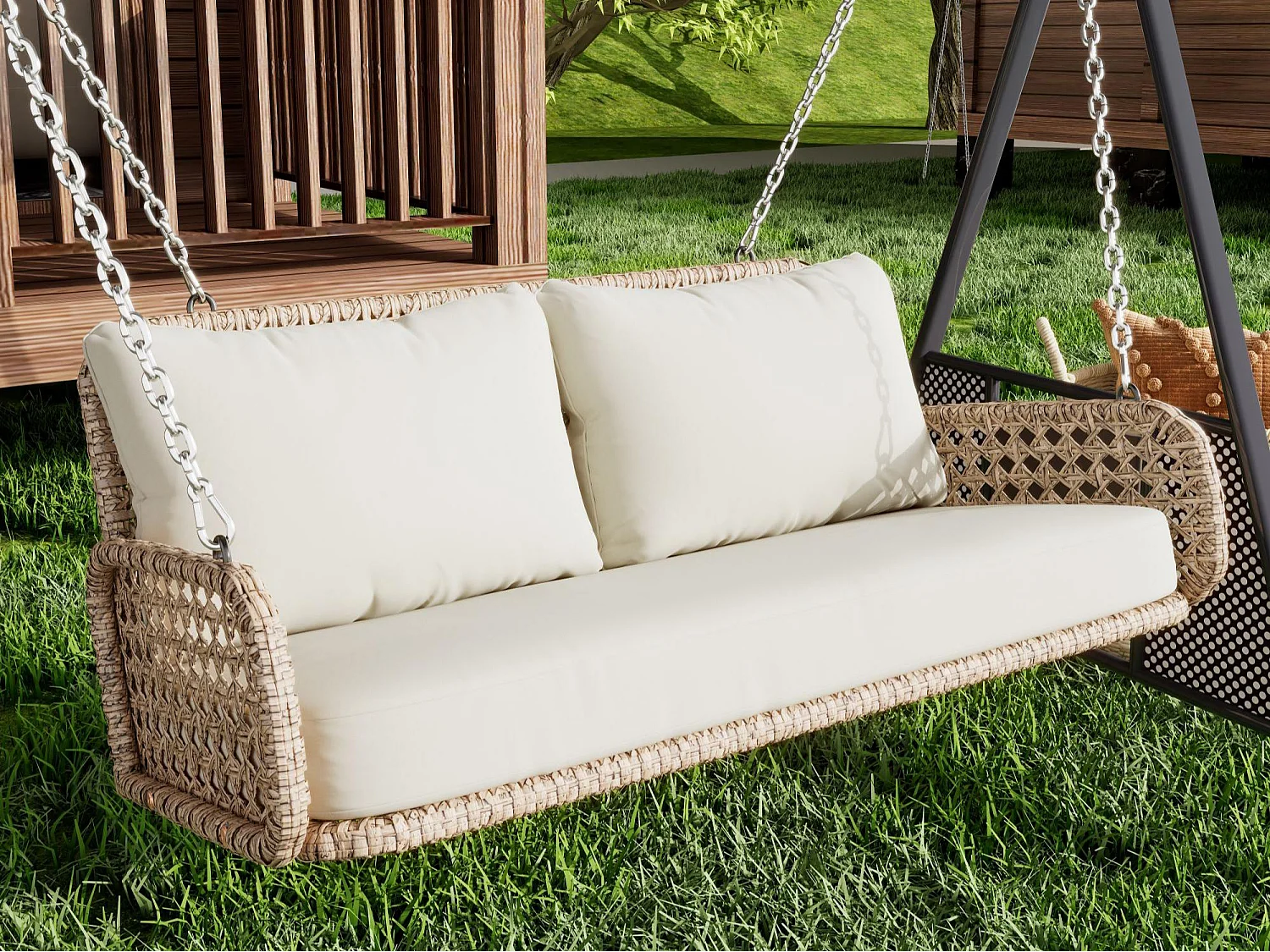 Fauteuil suspendu en PE Rotin - Balancelle de jardin - 2 places - avec coussins - Beige