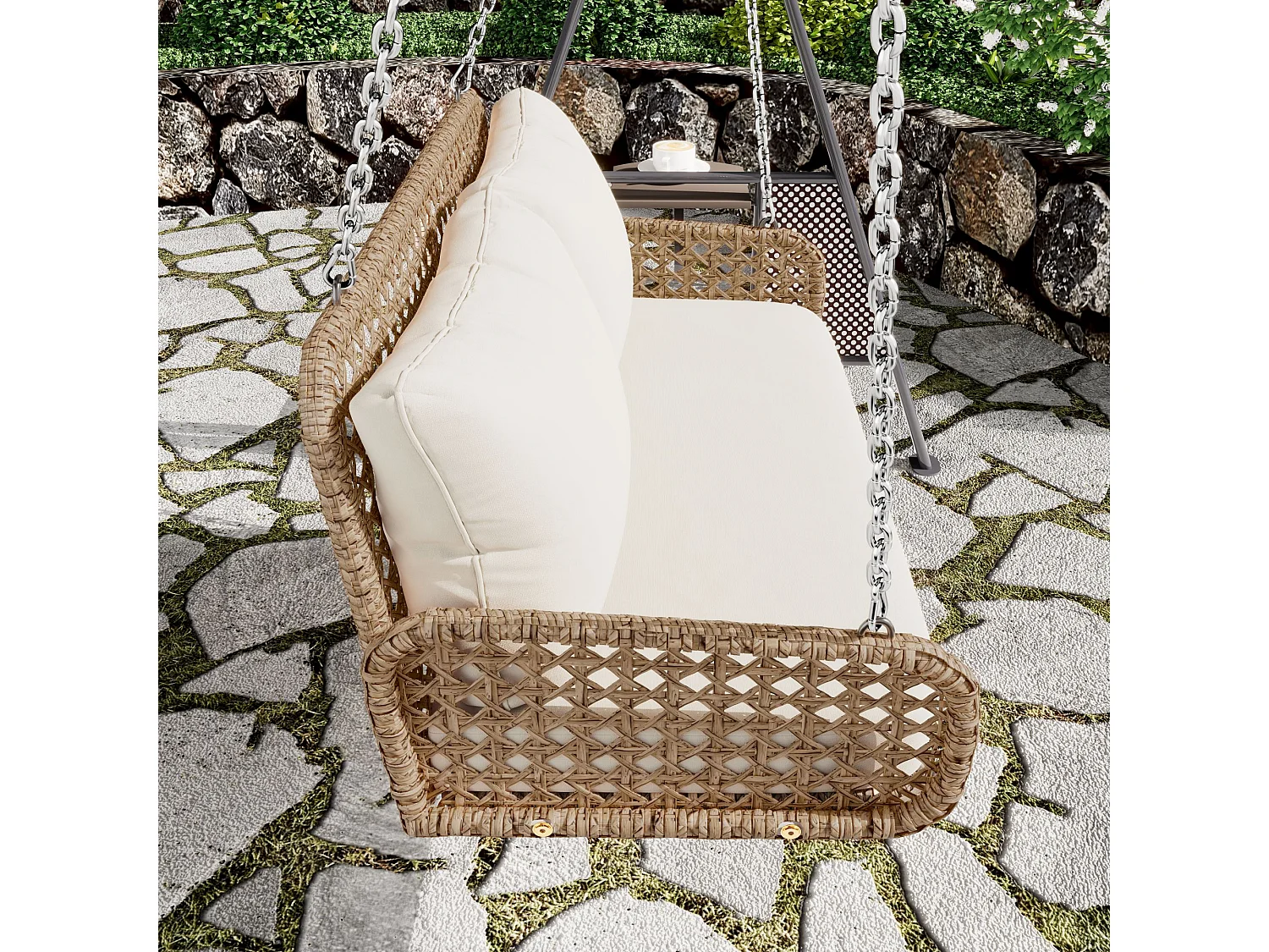 Fauteuil suspendu en PE Rotin - Balancelle de jardin - 2 places - avec coussins - Beige