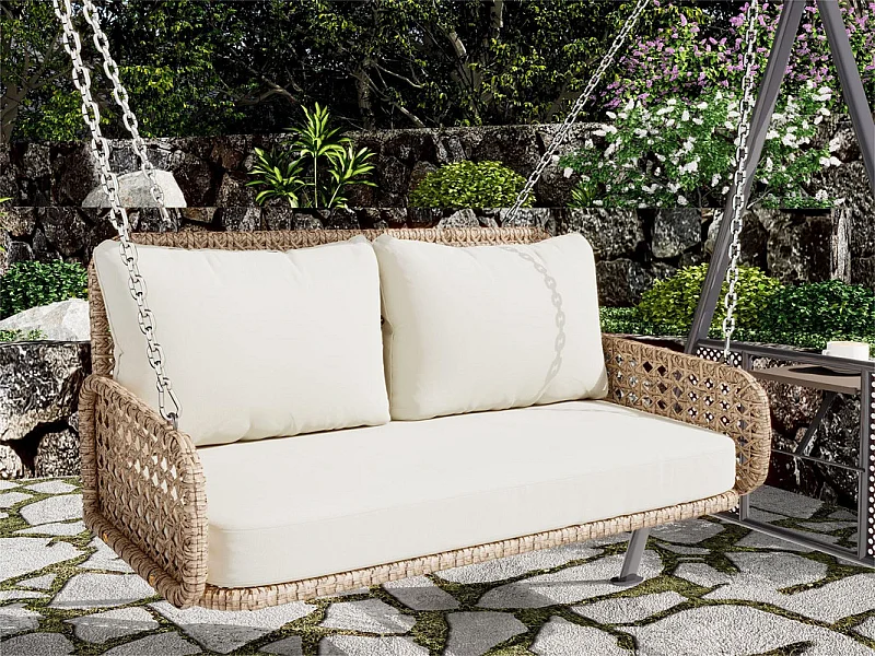 Silla colgante de ratán PE - Columpio de jardín - 2 plazas - con cojines - Beige