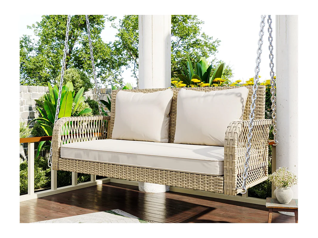 Hängesessel aus geflochtenem Harz – Gartenschaukel – 2 Plätze – mit Kissen – Beige