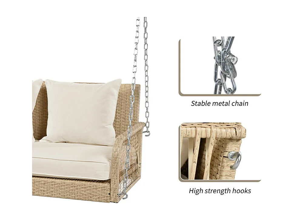 Hängesessel aus geflochtenem Harz – Gartenschaukel – 2 Plätze – mit Kissen – Beige