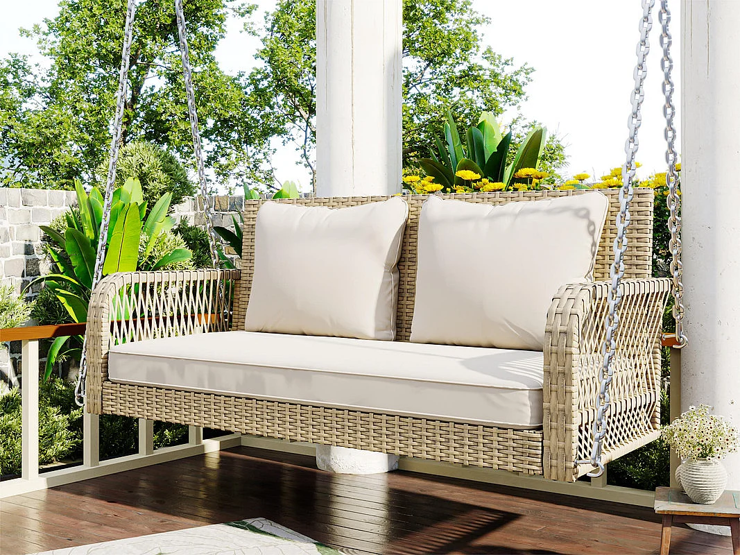 Hängesessel aus geflochtenem Harz – Gartenschaukel – 2 Plätze – mit Kissen – Beige