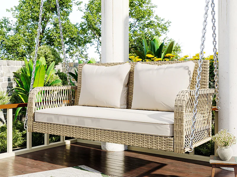Hängesessel aus geflochtenem Harz – Gartenschaukel – 2 Plätze – mit Kissen – Beige