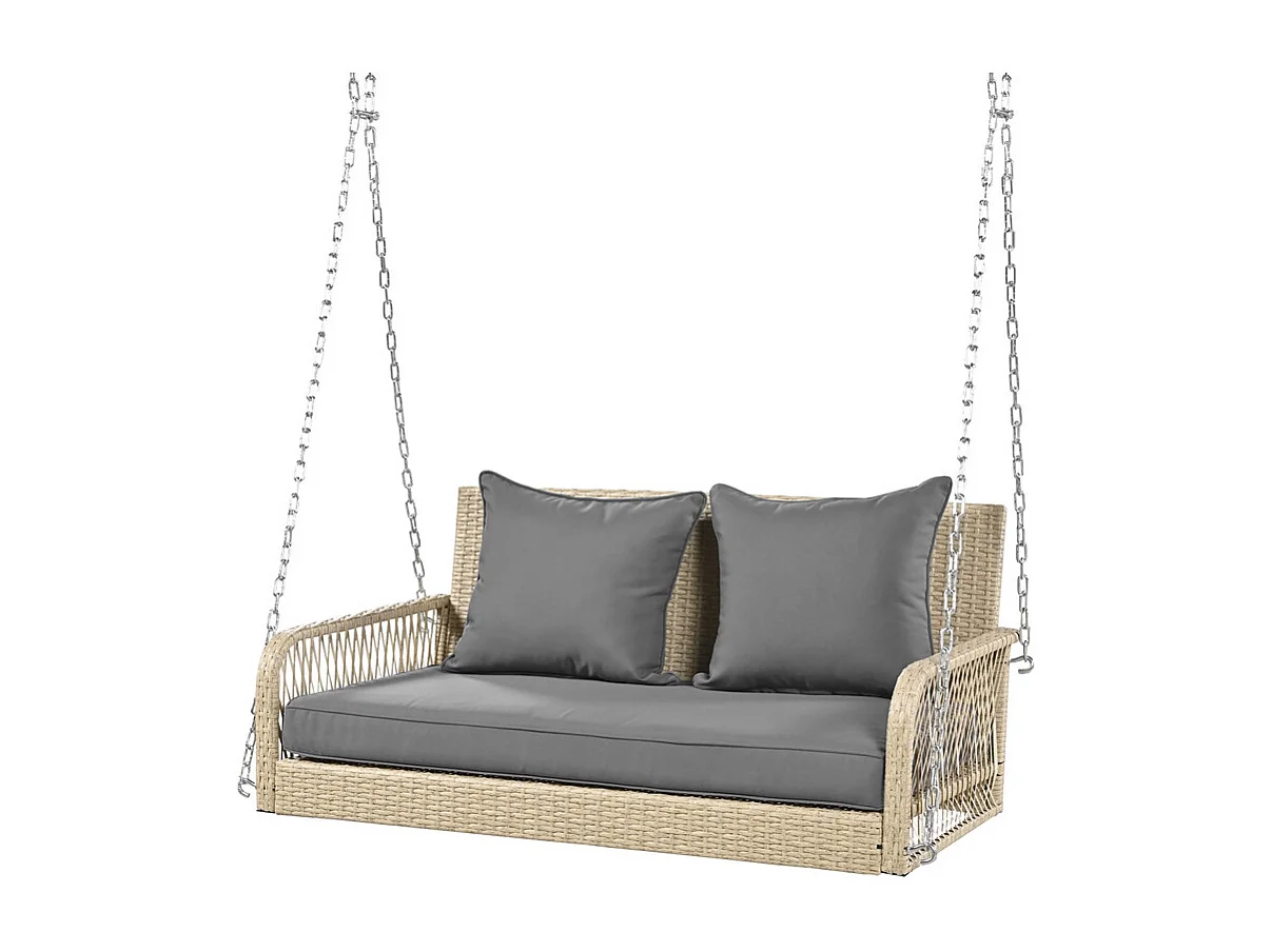 Hangstoel in geweven hars - Tuinschommel - 2 plaatsen - met kussens - Beige & Grijs