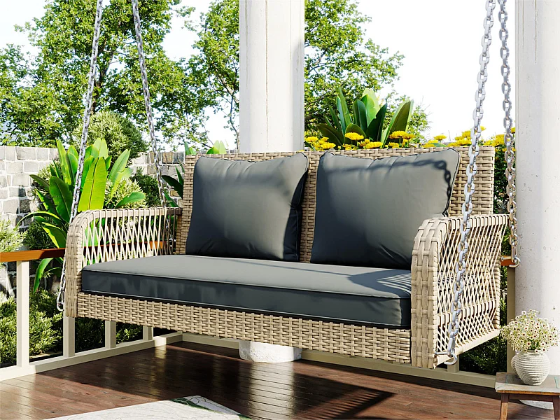 Fotel wiszący z plecionki syntetycznej - Huśtawka ogrodowa - 2 miejsca - z poduszkami - Beżowy i Szary