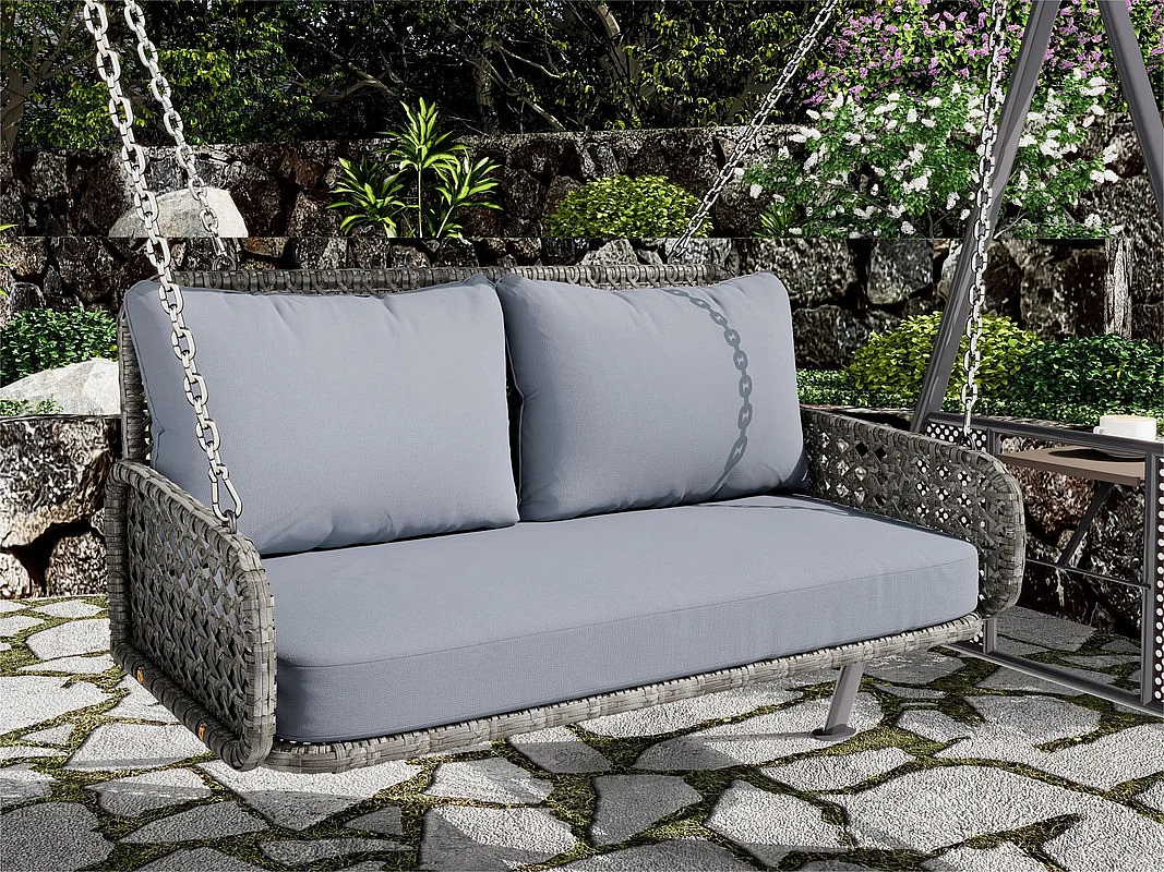 Fauteuil suspendu en PE Rotin - Balancelle de jardin - 2 places - avec coussins - Gris