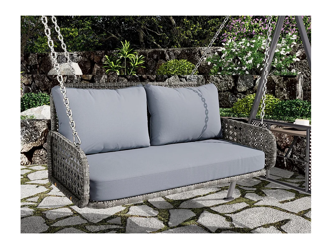Fauteuil suspendu en PE Rotin - Balancelle de jardin - 2 places - avec coussins - Gris