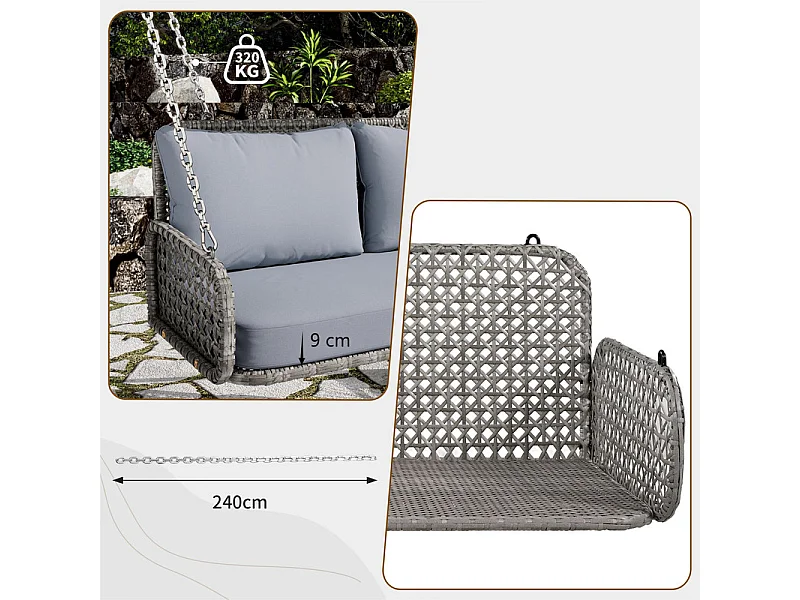 PE Rotan hangstoel - Tuinschommel - 2 plaatsen - met kussens - Grijs