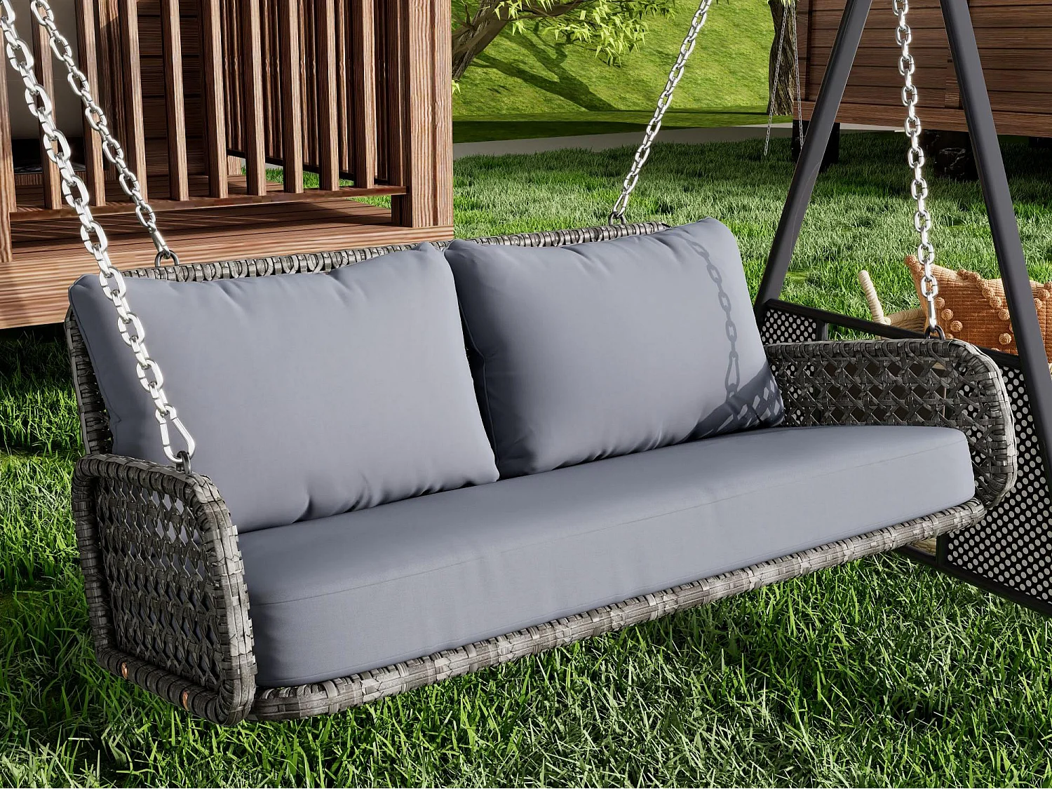 Fauteuil suspendu en PE Rotin - Balancelle de jardin - 2 places - avec coussins - Gris
