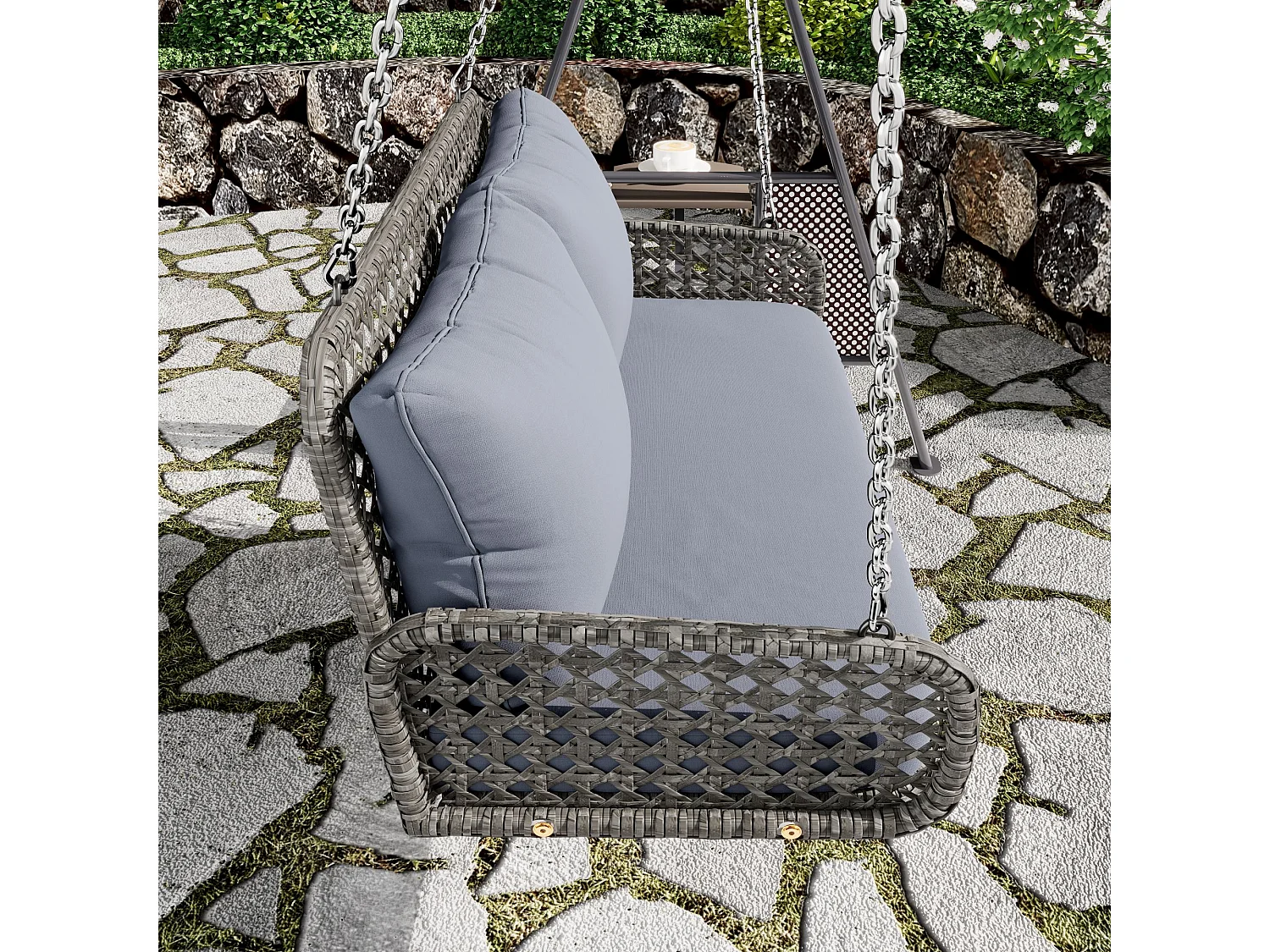 Fauteuil suspendu en PE Rotin - Balancelle de jardin - 2 places - avec coussins - Gris
