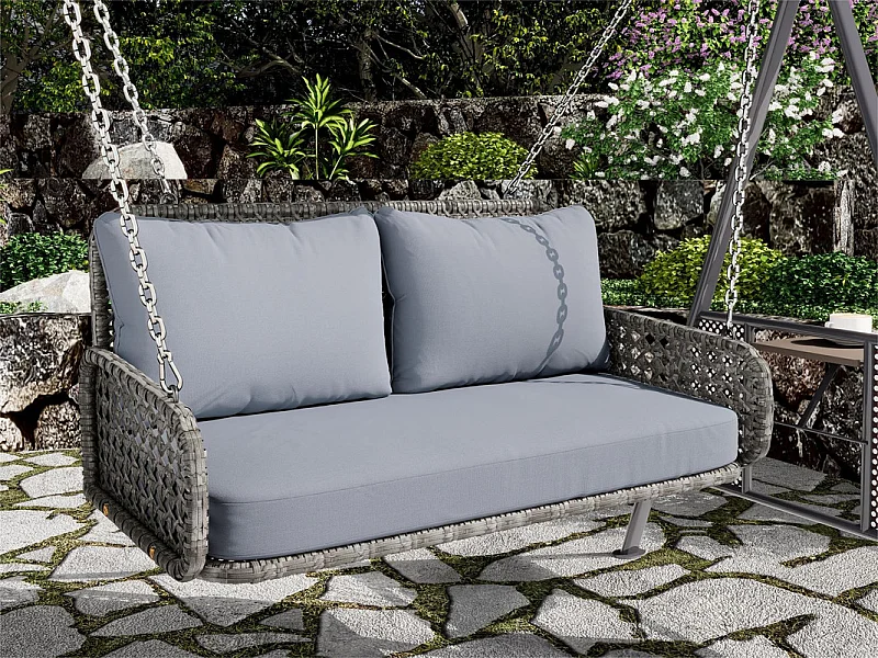 Fauteuil suspendu en PE Rotin - Balancelle de jardin - 2 places - avec coussins - Gris