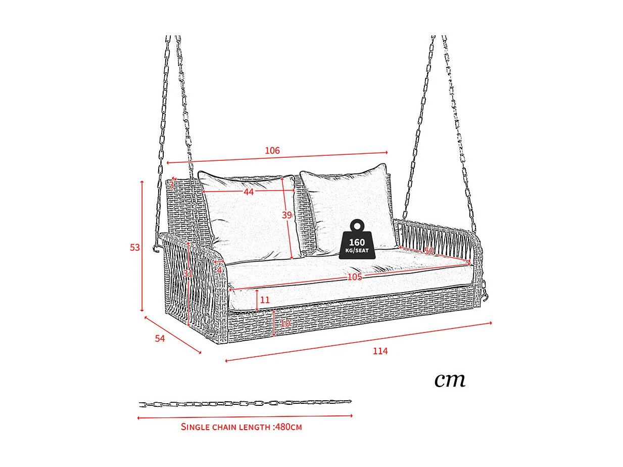 Hängesessel aus geflochtenem Harz – Gartenschaukel – 2 Plätze – mit Kissen – Grau