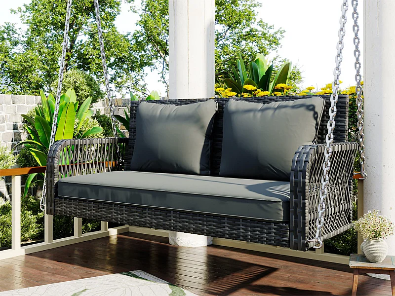 Hängesessel aus geflochtenem Harz – Gartenschaukel – 2 Plätze – mit Kissen – Grau