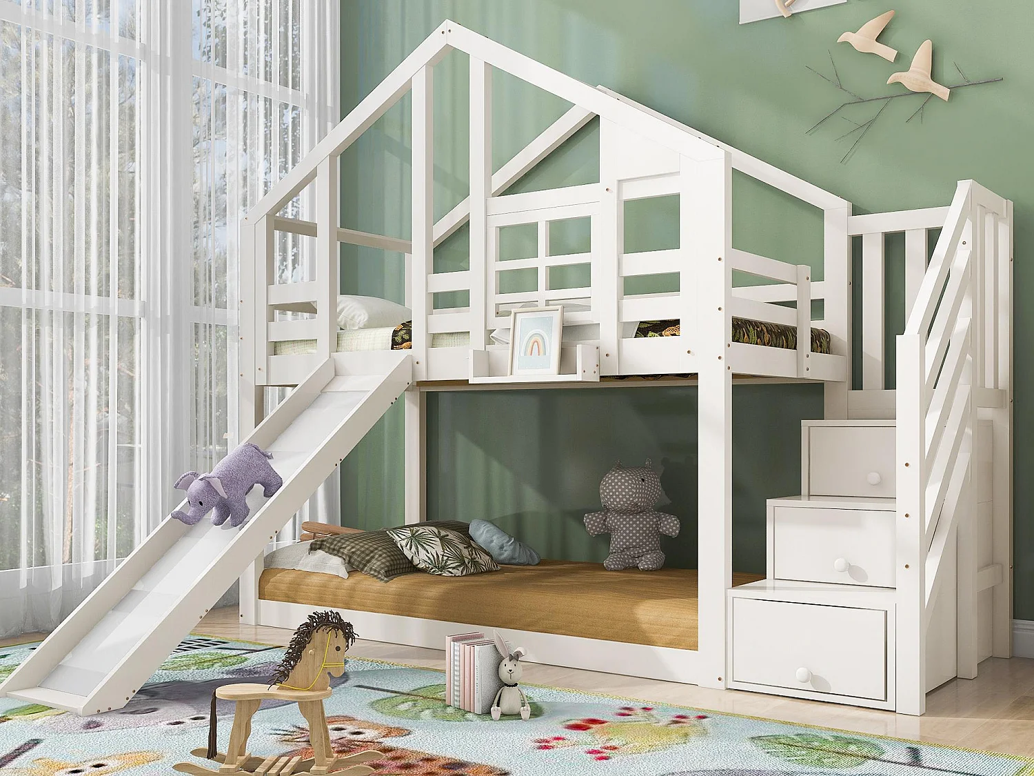 Lit superposé 90x200cm en bois massif - avec toboggan et escalier de rangement- Blanc