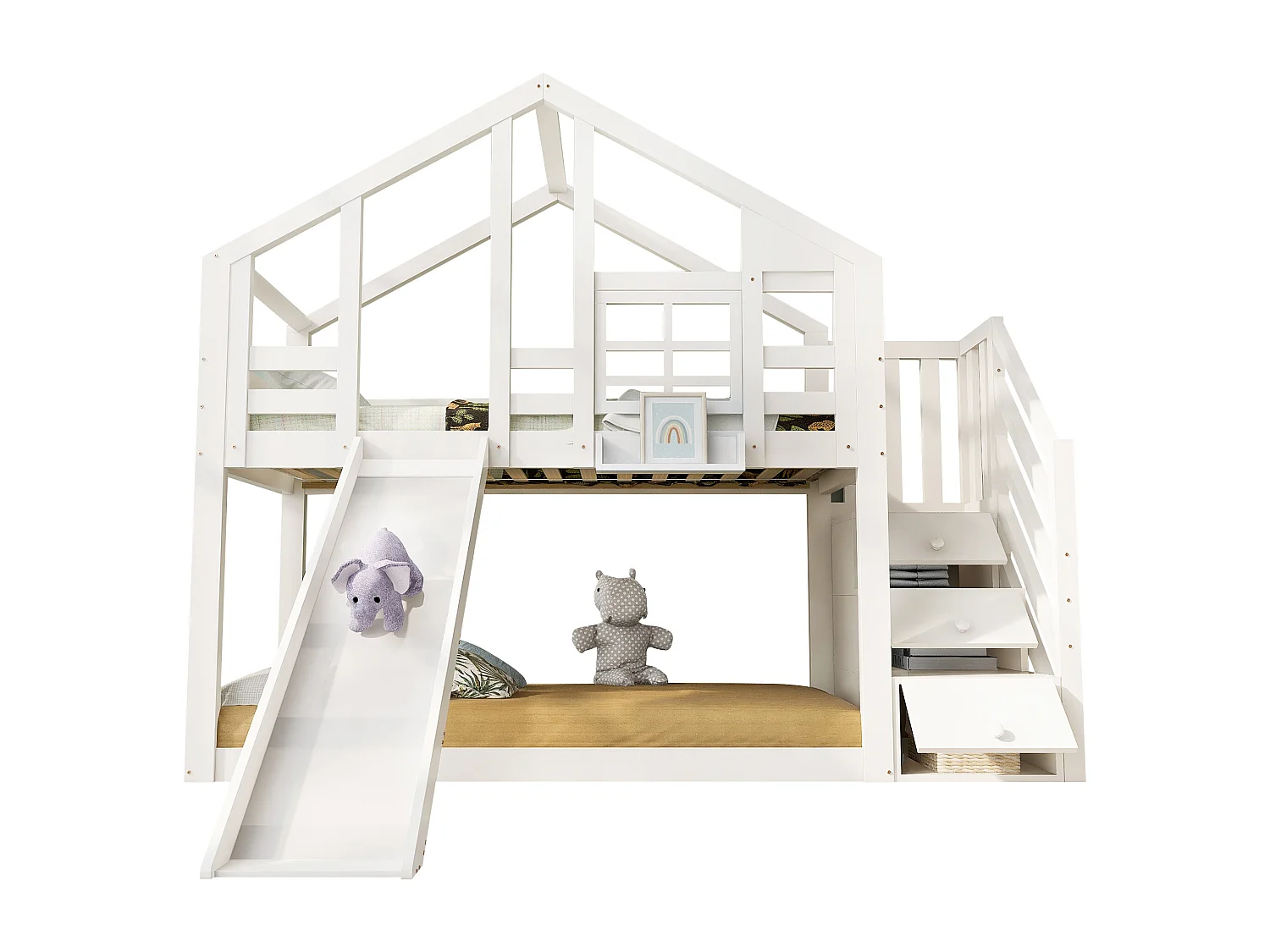 Lit superposé 90x200cm en bois massif - avec toboggan et escalier de rangement- Blanc