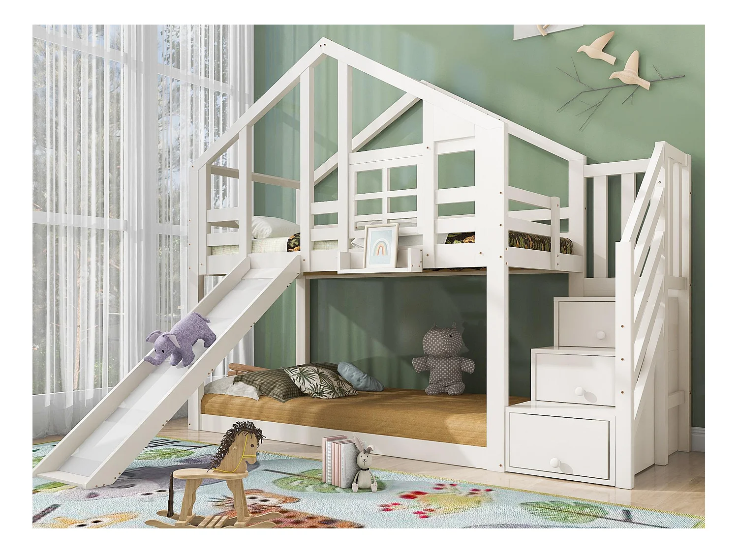 Lit superposé 90x200cm en bois massif - avec toboggan et escalier de rangement- Blanc