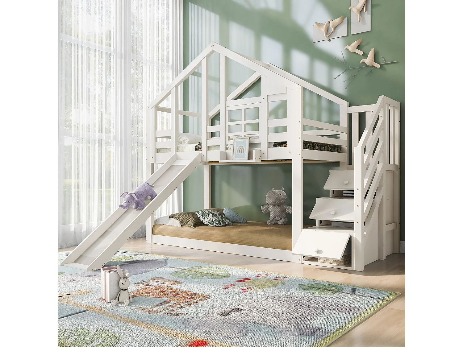 Lit superposé 90x200cm en bois massif - avec toboggan et escalier de rangement- Blanc