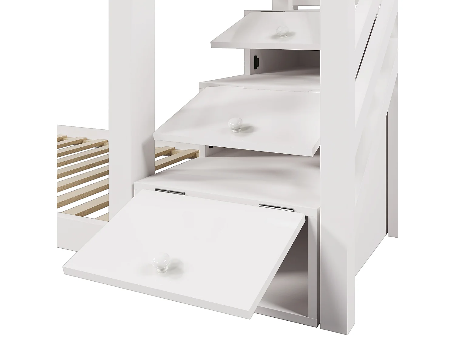 Lit superposé 90x200cm en bois massif - avec toboggan et escalier de rangement- Blanc