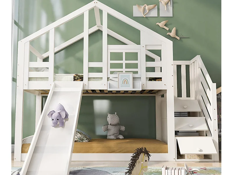 Lit superposé 90x200cm en bois massif - avec toboggan et escalier de rangement- Blanc