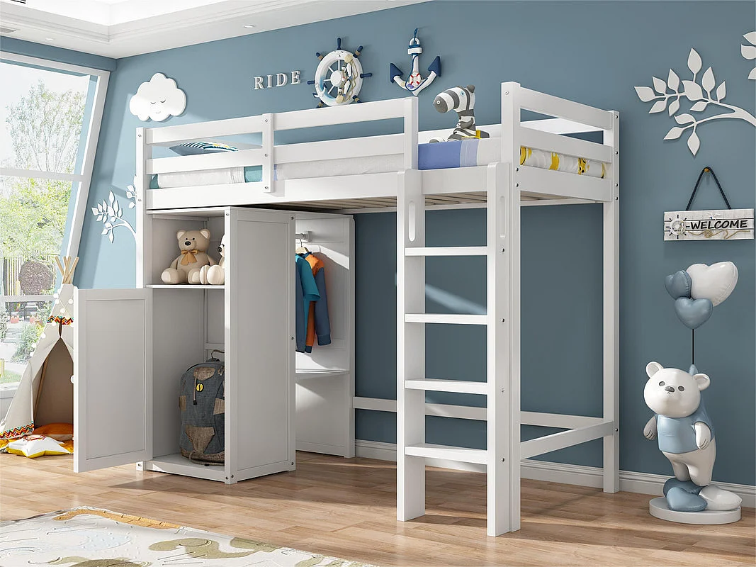 Hoogslaper 90x200 cm in grenenhout - met kledingkast en planken - Wit