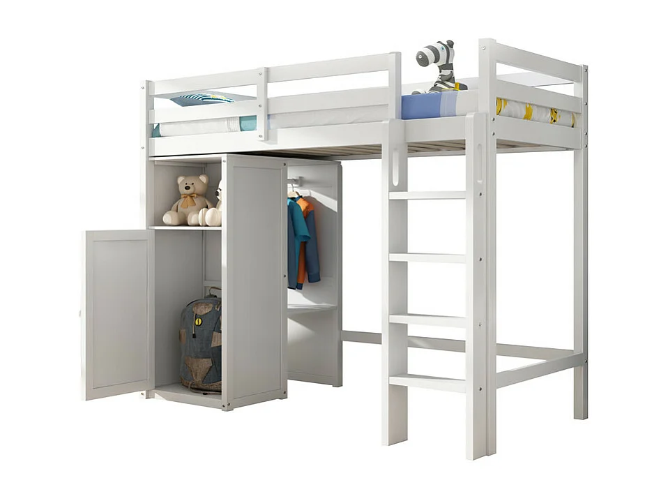 Hoogslaper 90x200 cm in grenenhout - met kledingkast en planken - Wit