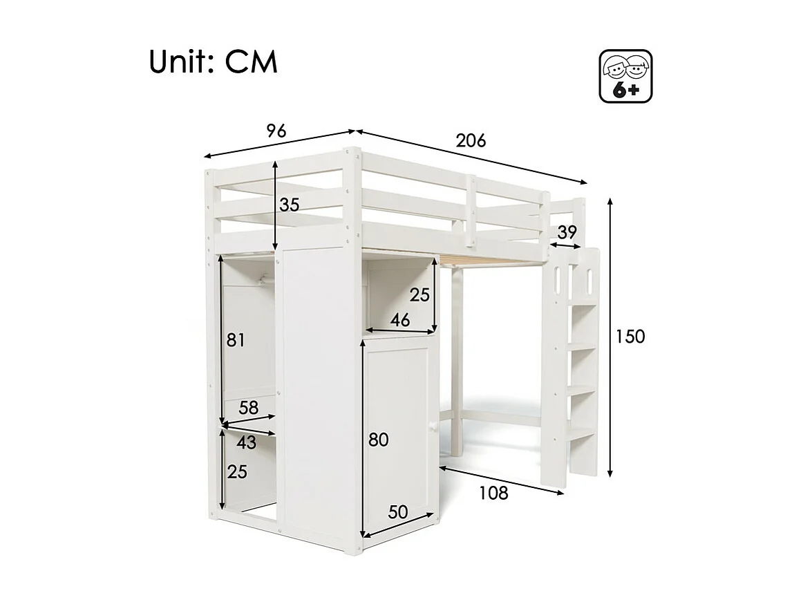 Hoogslaper 90x200 cm in grenenhout - met kledingkast en planken - Wit