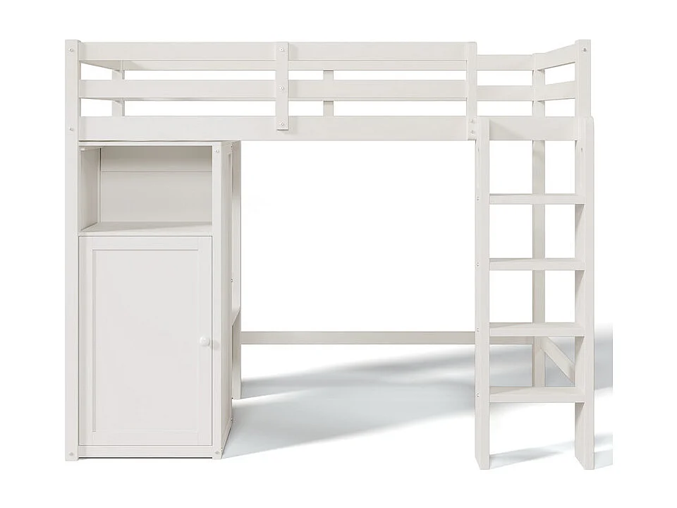 Hoogslaper 90x200 cm in grenenhout - met kledingkast en planken - Wit